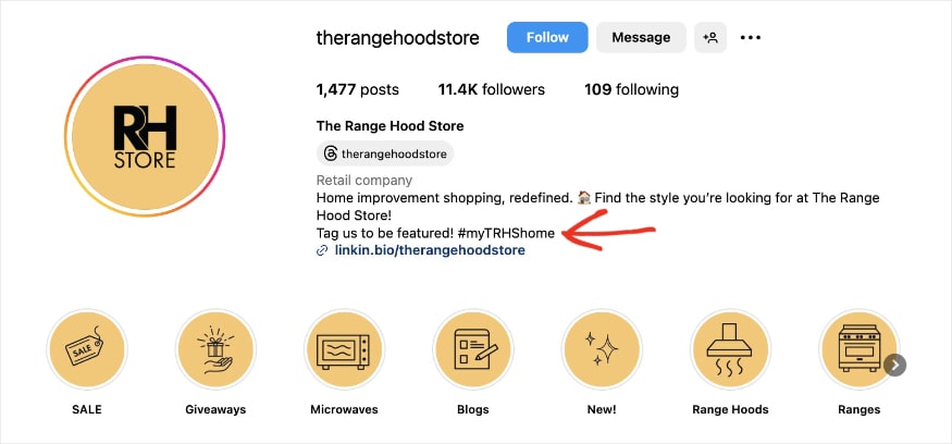 The Range Hood Store Instagram account shows a tag to be featured.