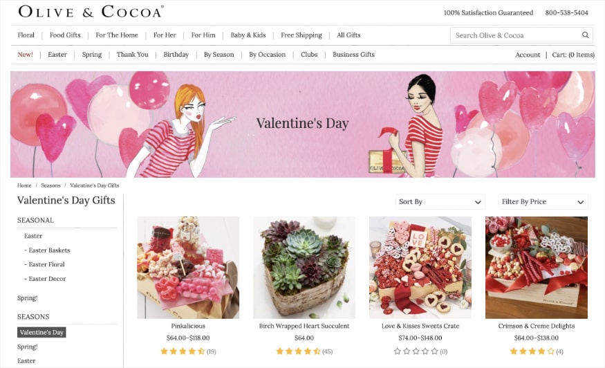 Valentine's day landing page has pink and red gift baskets and heart ballons banner. 