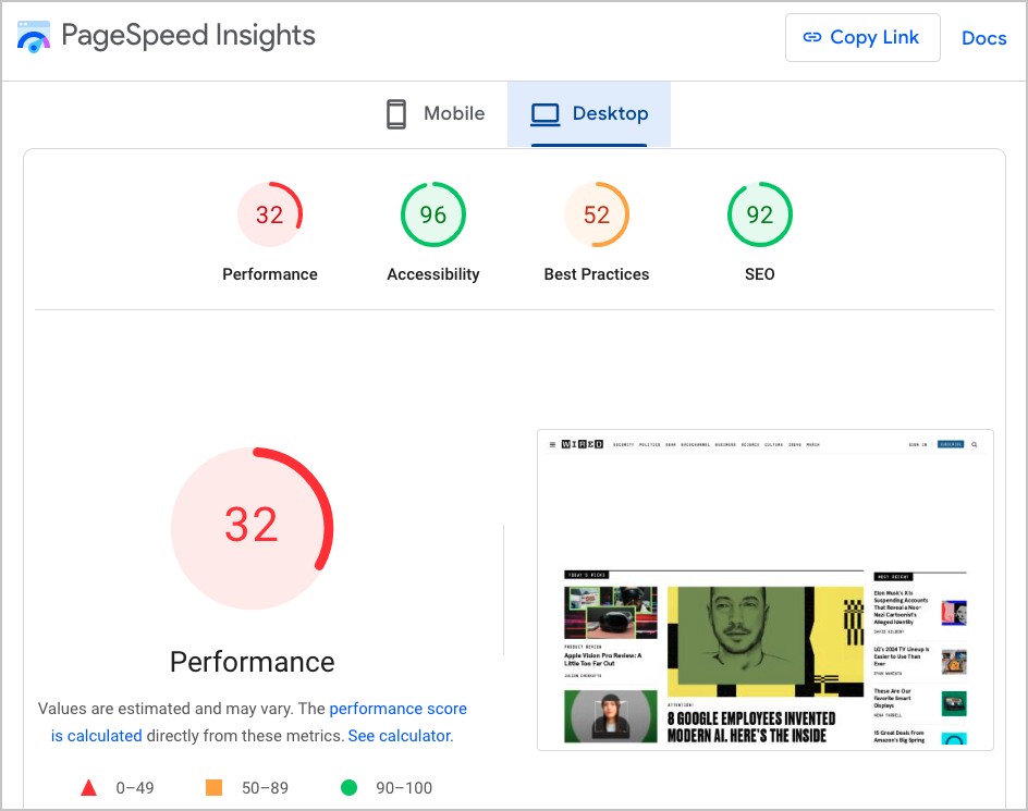 example of low score on google pagespeed insights