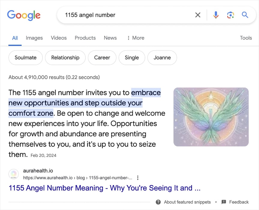 Featured snippet on Google for the query 1155 angel number.