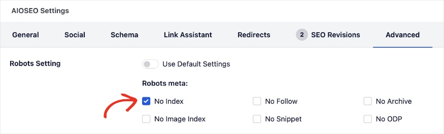 Robots settings allow you to check a no index box.
