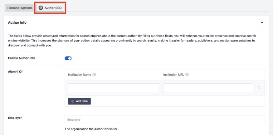 Author SEO settings in WordPress.
