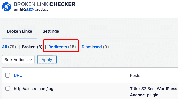 Broken Link Checker's Redirects Column.