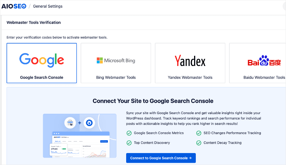 Google Search Console connection in AIOSEO webmaster tools.