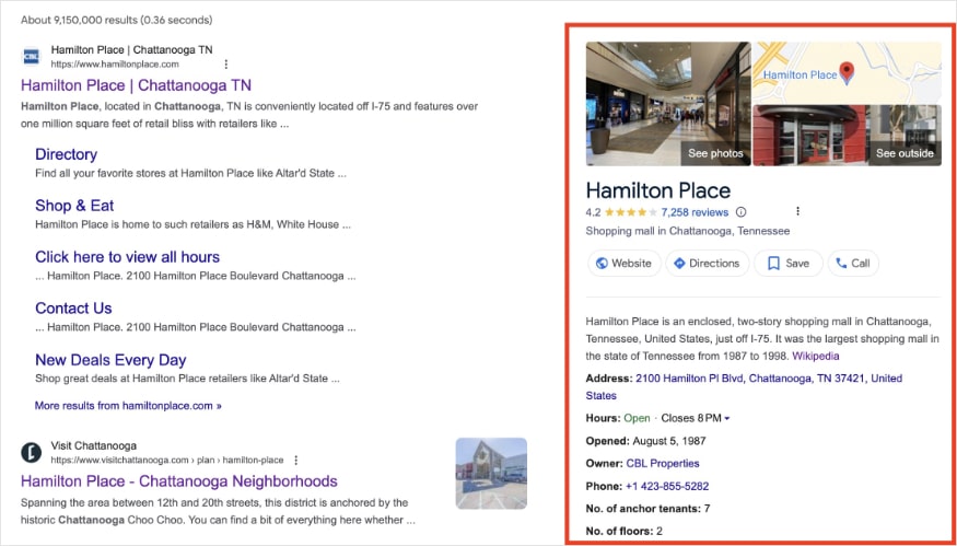 Hamilton Place knowledge panel on Google.
