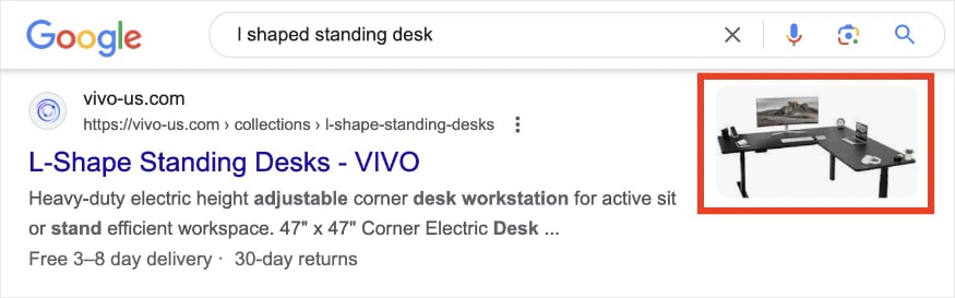Rich result on Google with image of an l shaped standing desk.