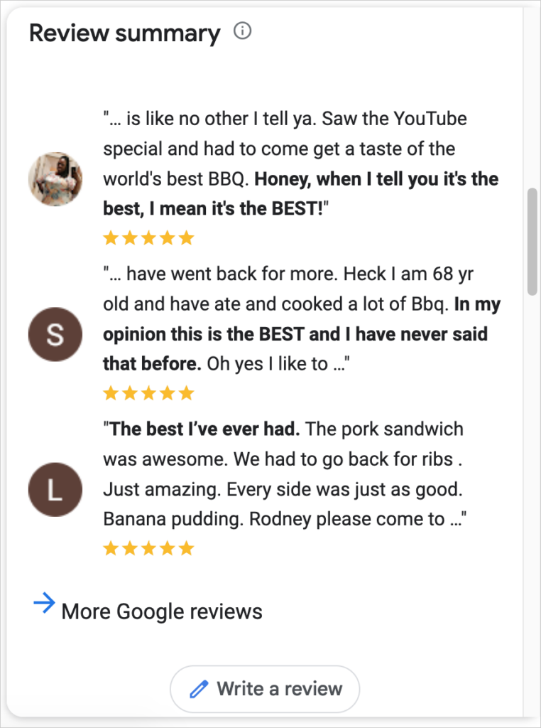 example of google reviews in search results