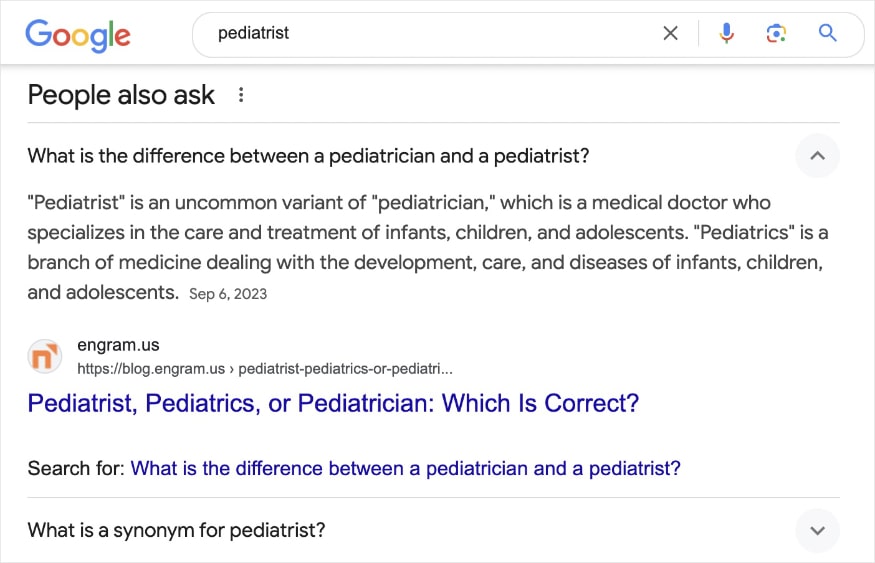 Google people also ask result for the query pediatrist shows Engram's blog intro.