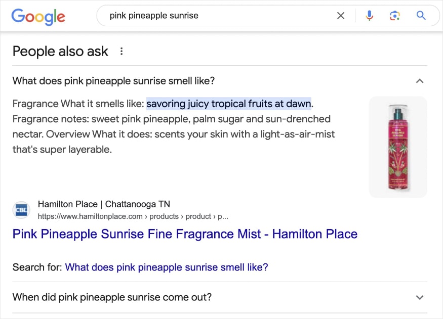 Google people also ask box for the query pink pineapple sunrise.
