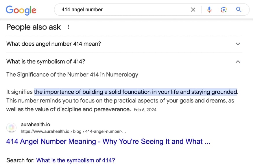 Google people also ask result for the query 414 angel number.