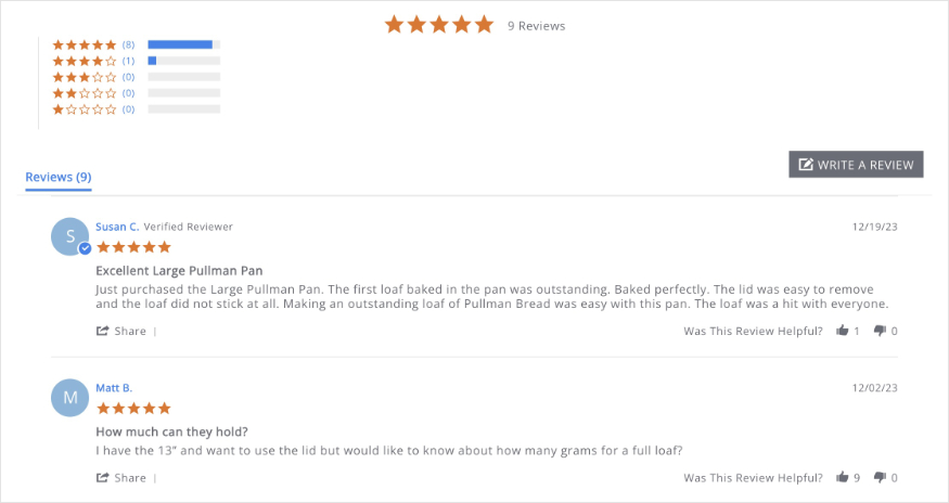 Customer reviews for the pullman loaf pan.