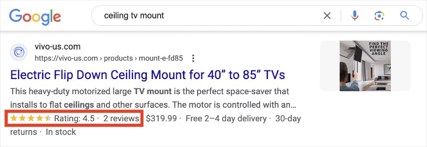 Review snippet for the query ceiling tv mount shows a 4.5 star rating.