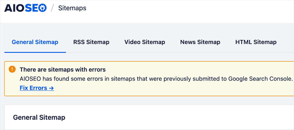 Sitemap error warning.
