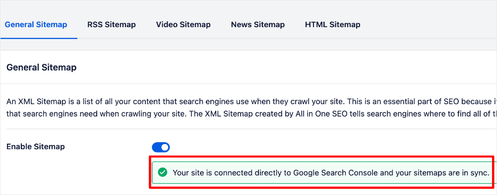 Notice saying sitemap successfully synced