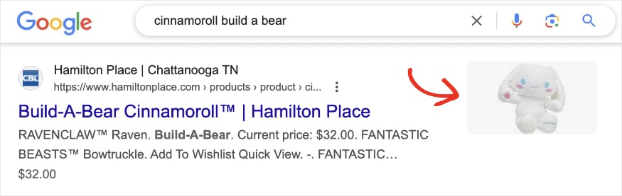 Google search result for the query cinnamoroll build a bear shows an image of a plush toy.