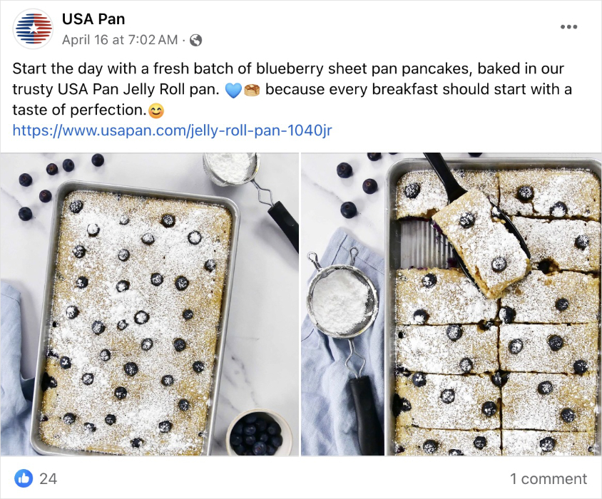 USA Pan Facebook post with blueberry sheet pan pancakes.