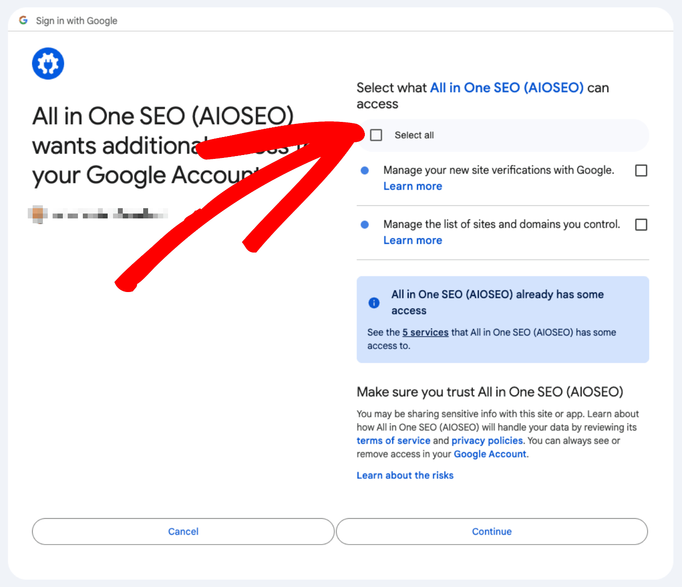 Access permissions screen for Google Search Console
