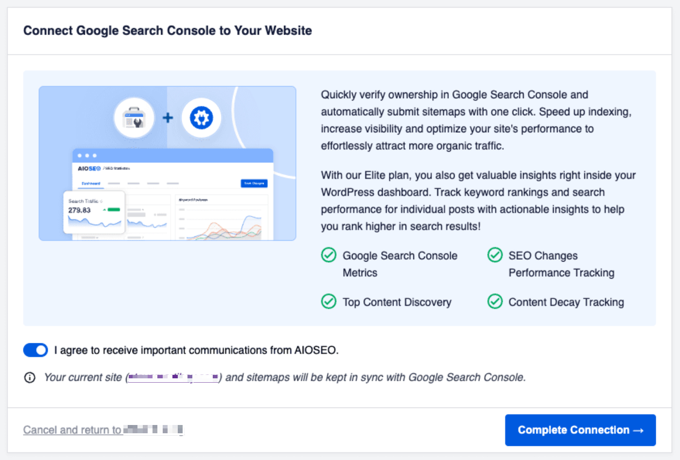 Complete connection screen for Google Search Console