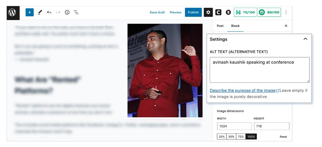 Example of image alt text in WordPress.