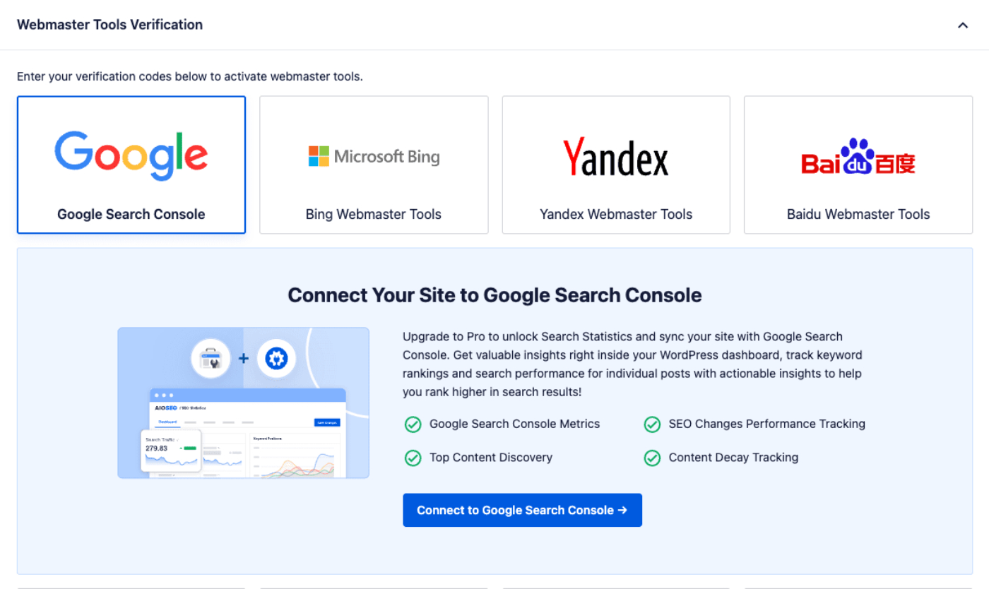 Google Search Console block on the Webmaster Tools screen