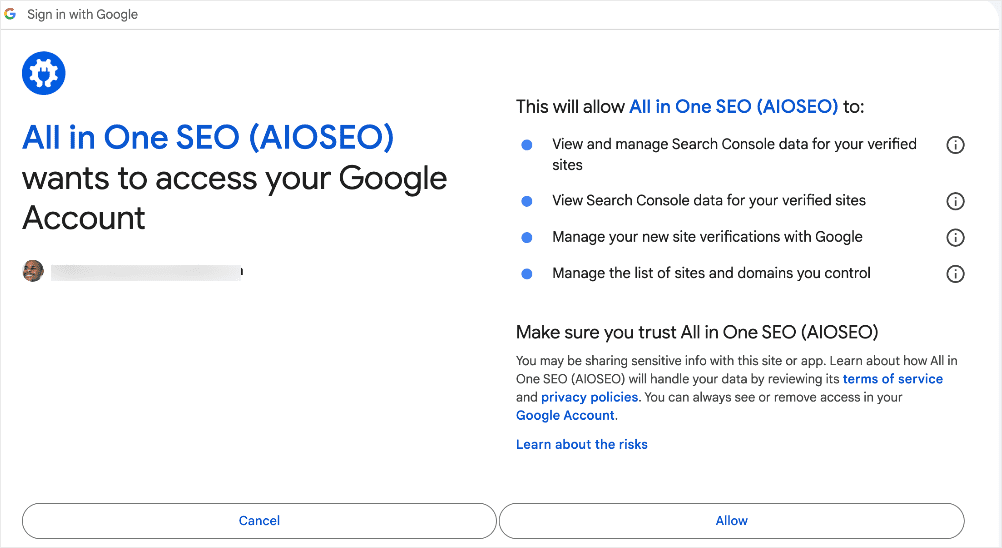 Permissions for AIOSEO to access your GSC account.
