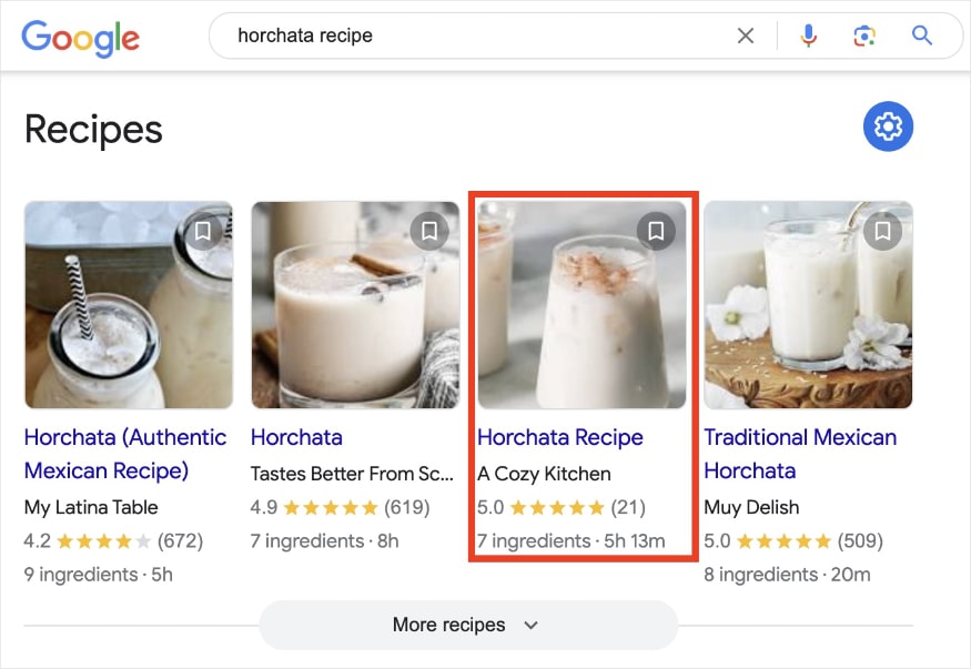 Google recipe carousel for horchata.