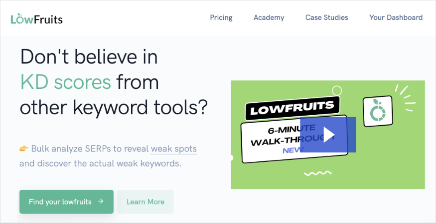 LowFruits homepage, a keyword research tool.