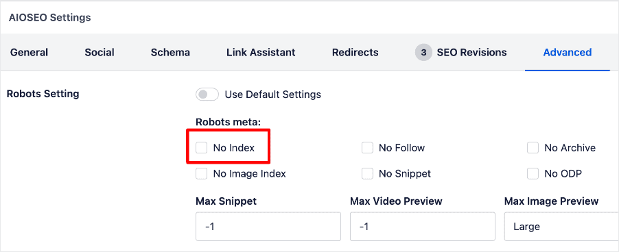 Noindex checkbox in Robots settings.