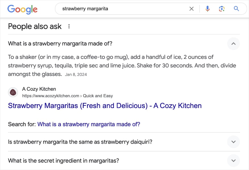 People also ask box with a question and answer about strawberry margaritas.