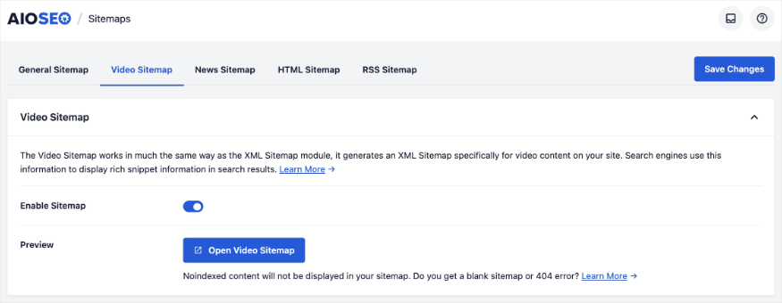Open video sitemap in AIOSEO.