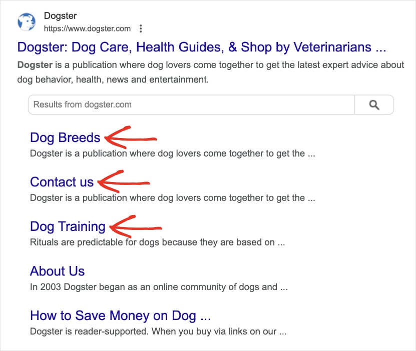 Google sitelinks under a Dogster search result.