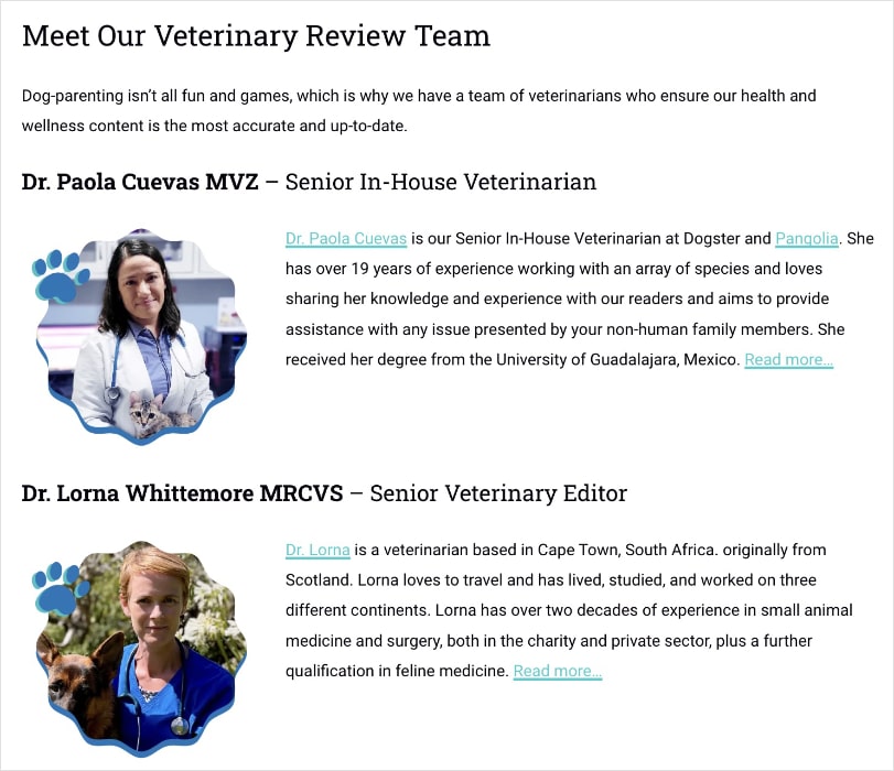 About us page with Dogster's veterinary team.