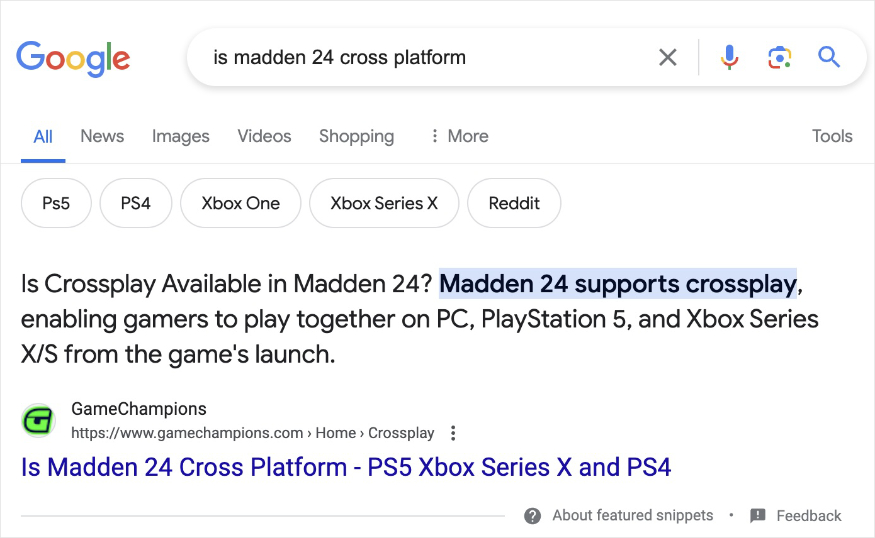 Google featured snippet about madden 24 cross platform.