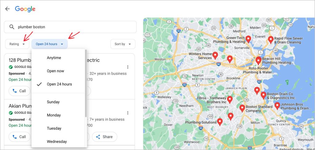 google maps filters local pack