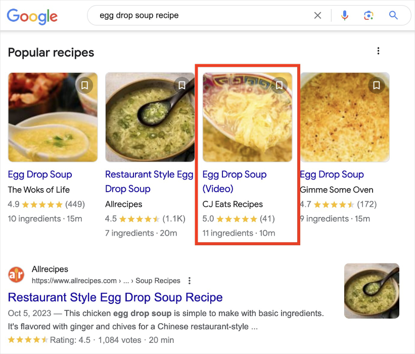 Recipe carousel on Google for egg drop soup recipes.