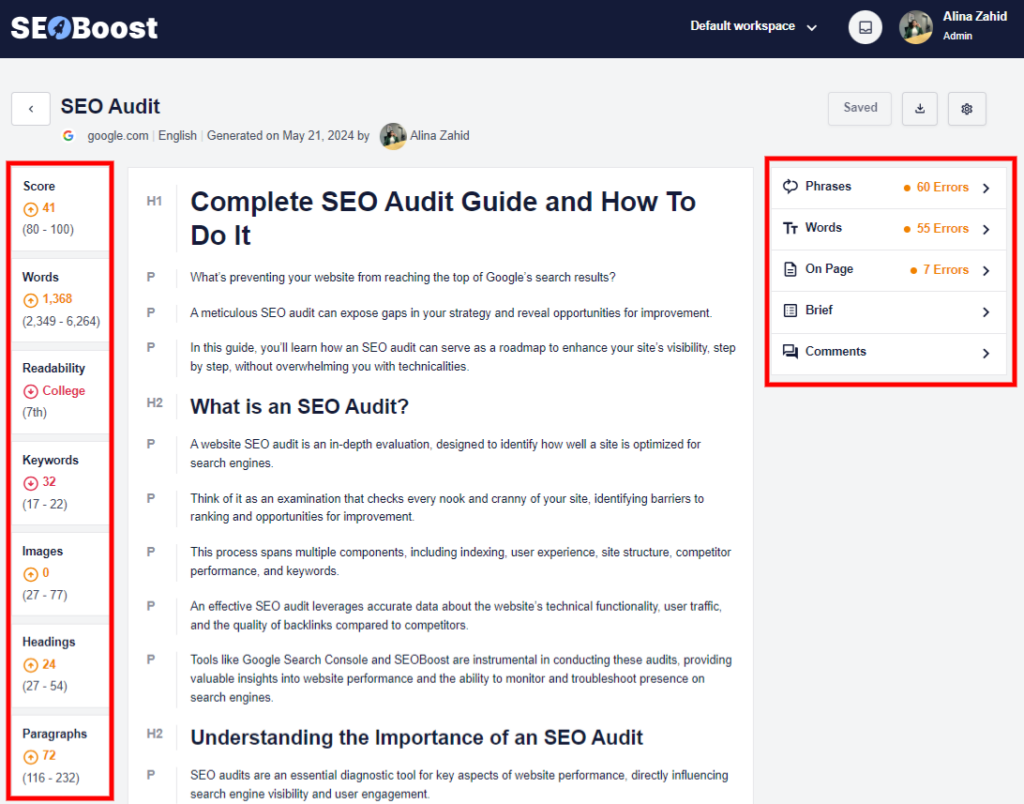 Example of SEO audit.