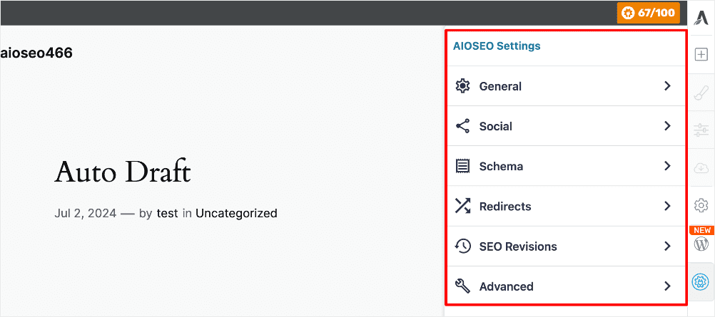 AIOSEO settings in Thrive Architect.