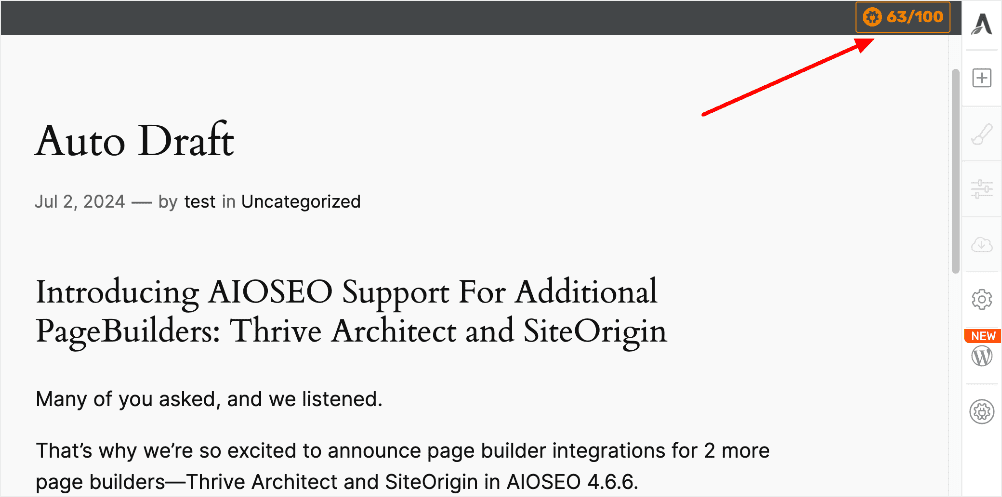 AIOSEO button in Thrive Architect.