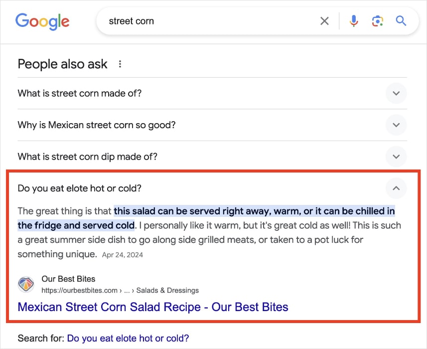 People also ask box on the SERP explaining how to eat elote.