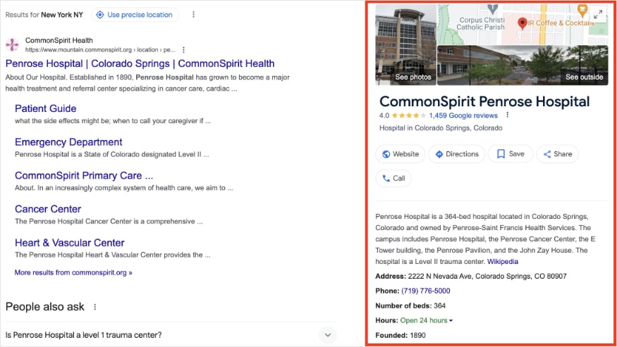 Google business profile for CommonSpirit Penrose Hospital.