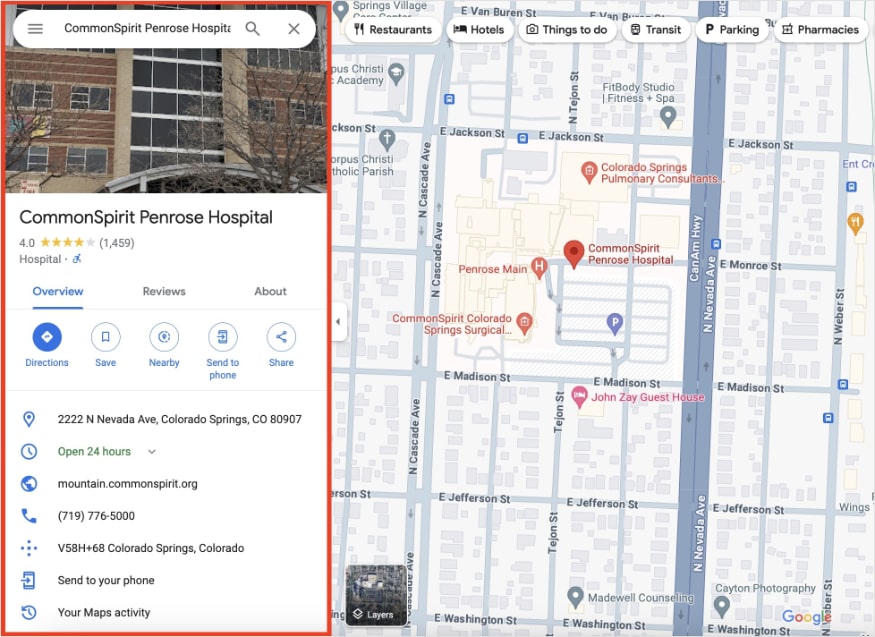 Google business profile in Maps for CommonSpirit Penrose Hospital.