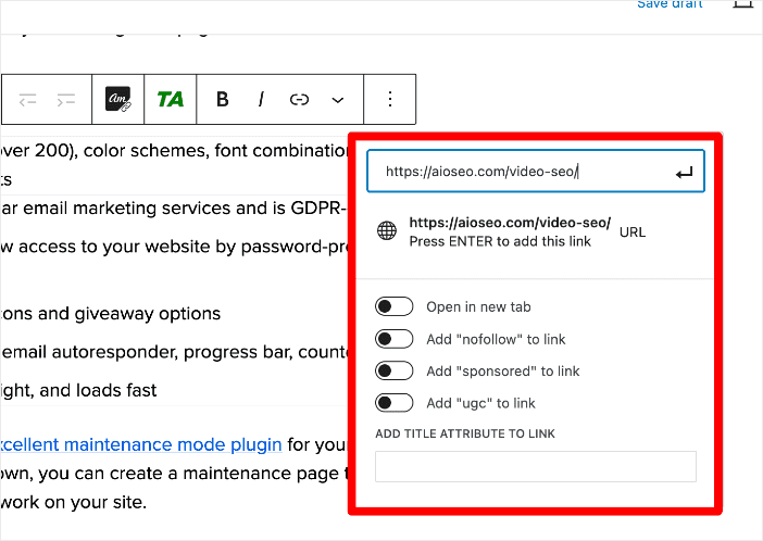 Pasting the link in WordPress.