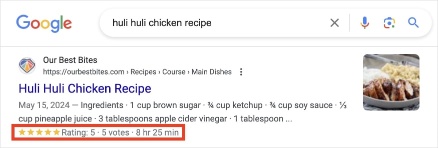 Google search result for huli chicken recipe shows a 5-star rating and 8 hour cook time.