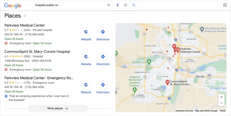 Google local pack for hospitals in Pueblo, Colorado.