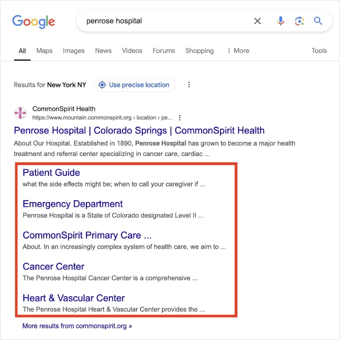 Google search result with sitelinks for Penrose Hospital.