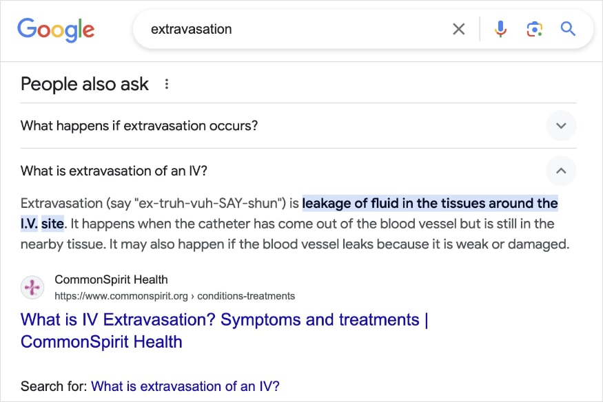 People also ask box for the query extravasation.