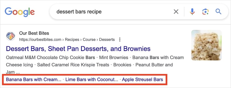 Google search result for the query dessert bars recipe shows sitelinks.