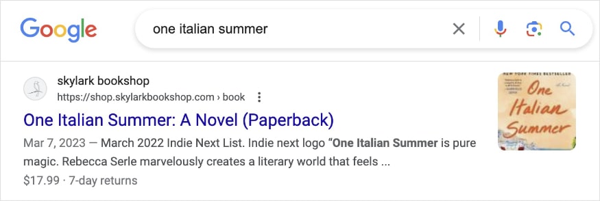 Rich snippet on the SERP for the novel One Italian Summer.