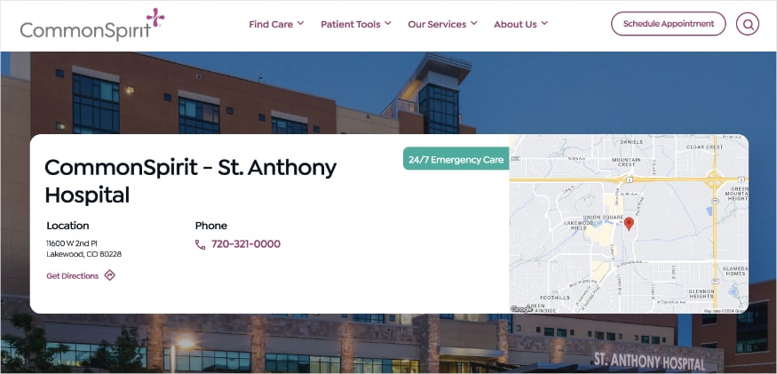 CommonSpirit St Anthony Hospital landing page.