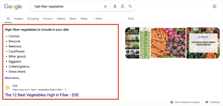 ZOE featured snippet with a list of high fiber vegetables.